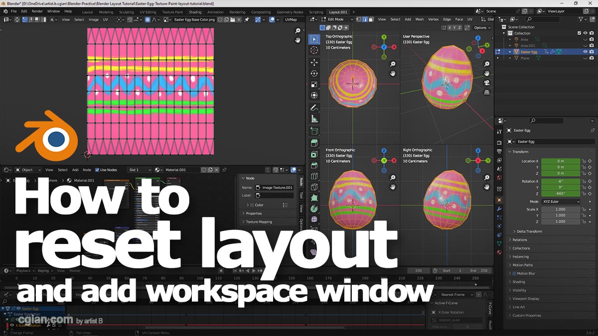 Blender layout tutorial to add workspace window and reset to default