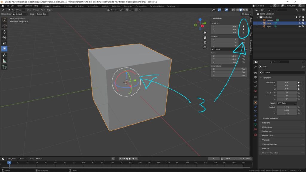 Blender how to lock object in position - Transform Panel