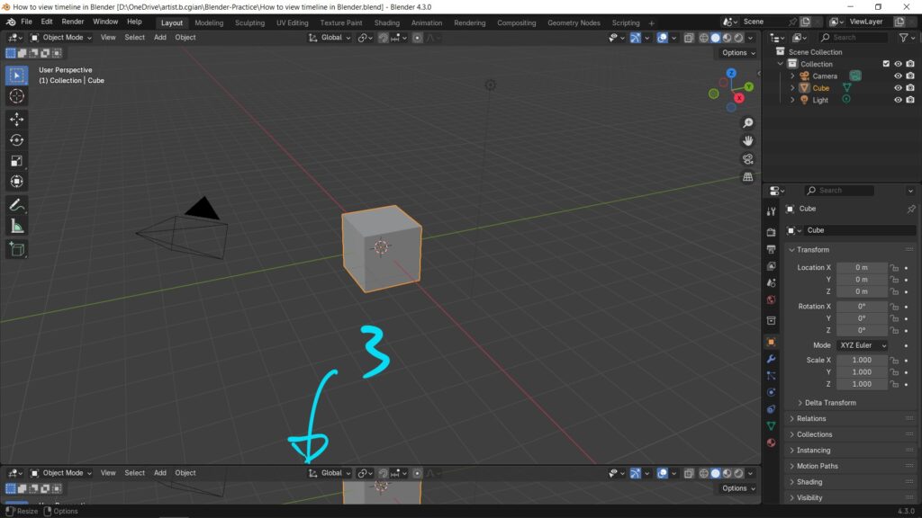 How to show timeline in Blender 3