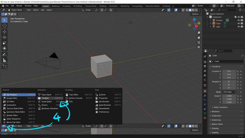 How to show timeline in Blender 4