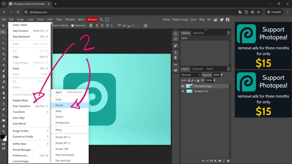 How to rotate a single layer in Photopea 02